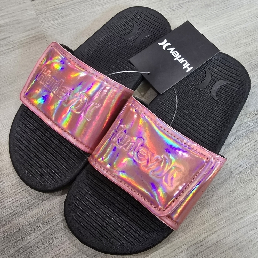 Hurley Kids Pink Metalic Slide Sandals with Logo NWT